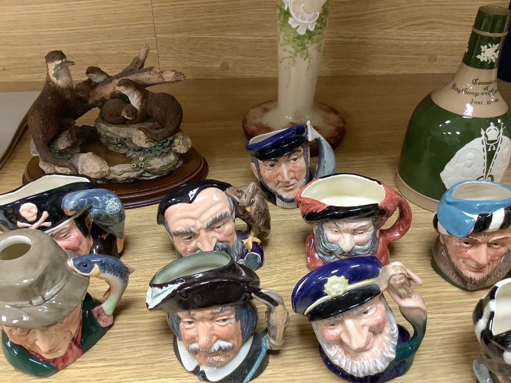 Thirteen Royal Doulton character jugs, a Copeland Spode vase and two other pieces